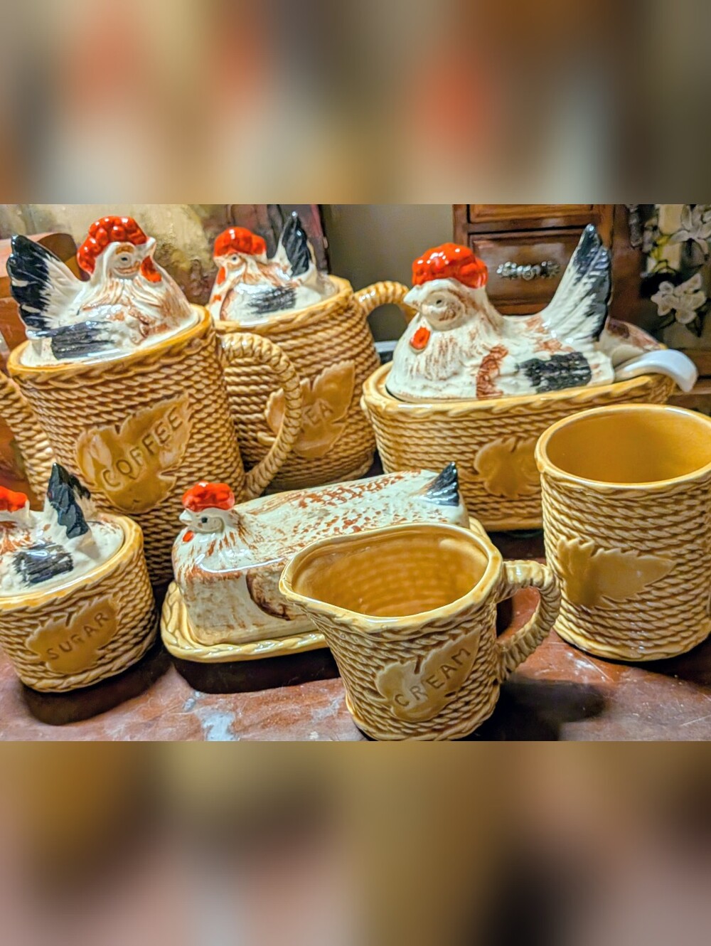 Ceramic Rooster (Hen On A Nest) Coffee And Tea  Set